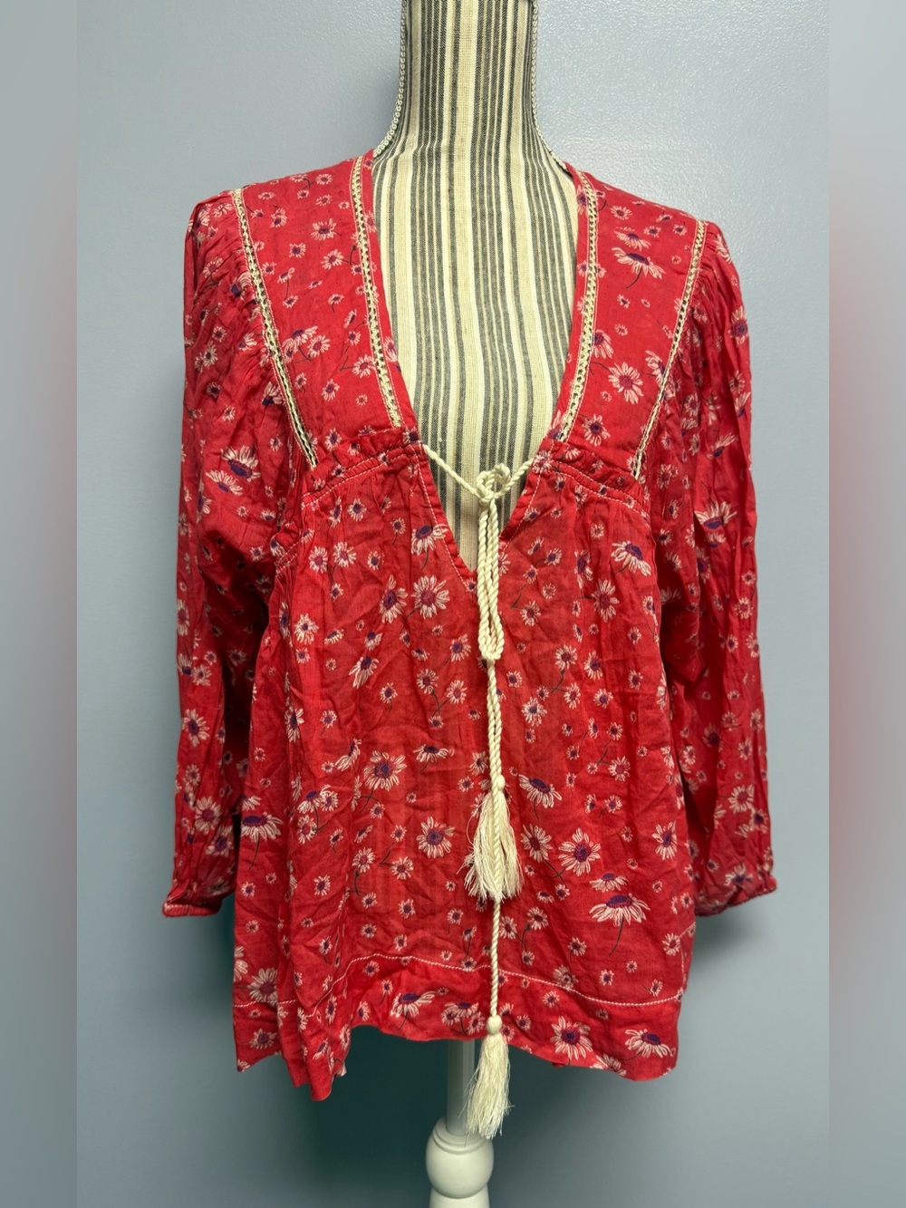 NWT Free People BoHo Red Floral Tassel Peasant Tunic top women’s M - Picture 3 of 16